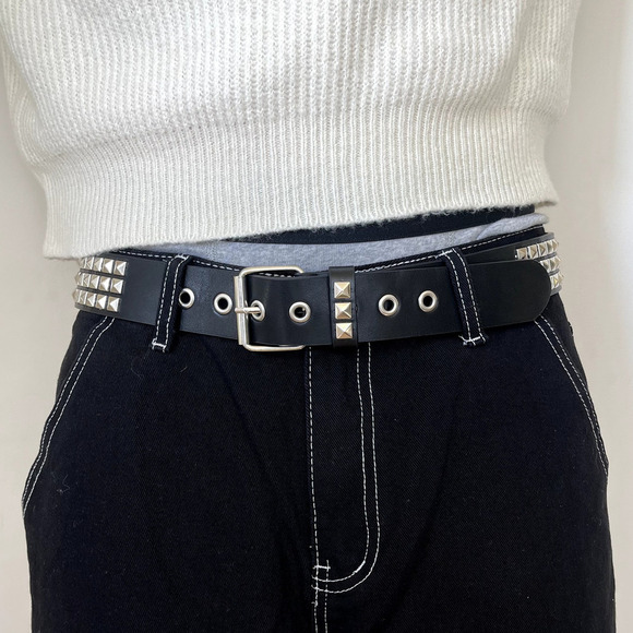 y2k 2000s classic pyramid studded black and silver goth emo belt - Picture 1 of 8